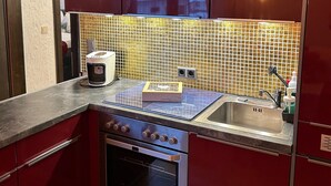 A compact kitchen with a built-in oven, a coffee maker, and a sink. - Apartment 'Andys Bergglück' with Mountain View, Balcony and Wi-Fi (Leutasch)