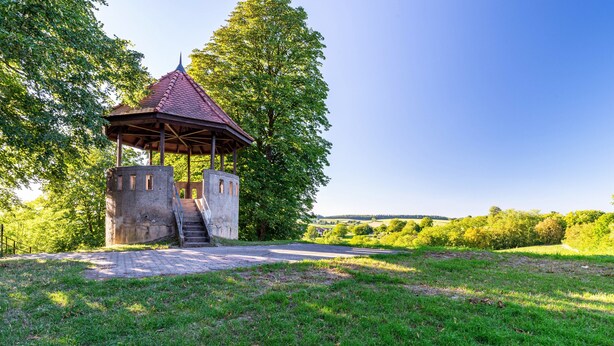 A gazebo with a tiled roof and stone walls, surrounded by grass and trees. - Holiday Apartment "Hügelblick Oase" with Shared Garden, Balcony & Wi-Fi (Kraichtal)