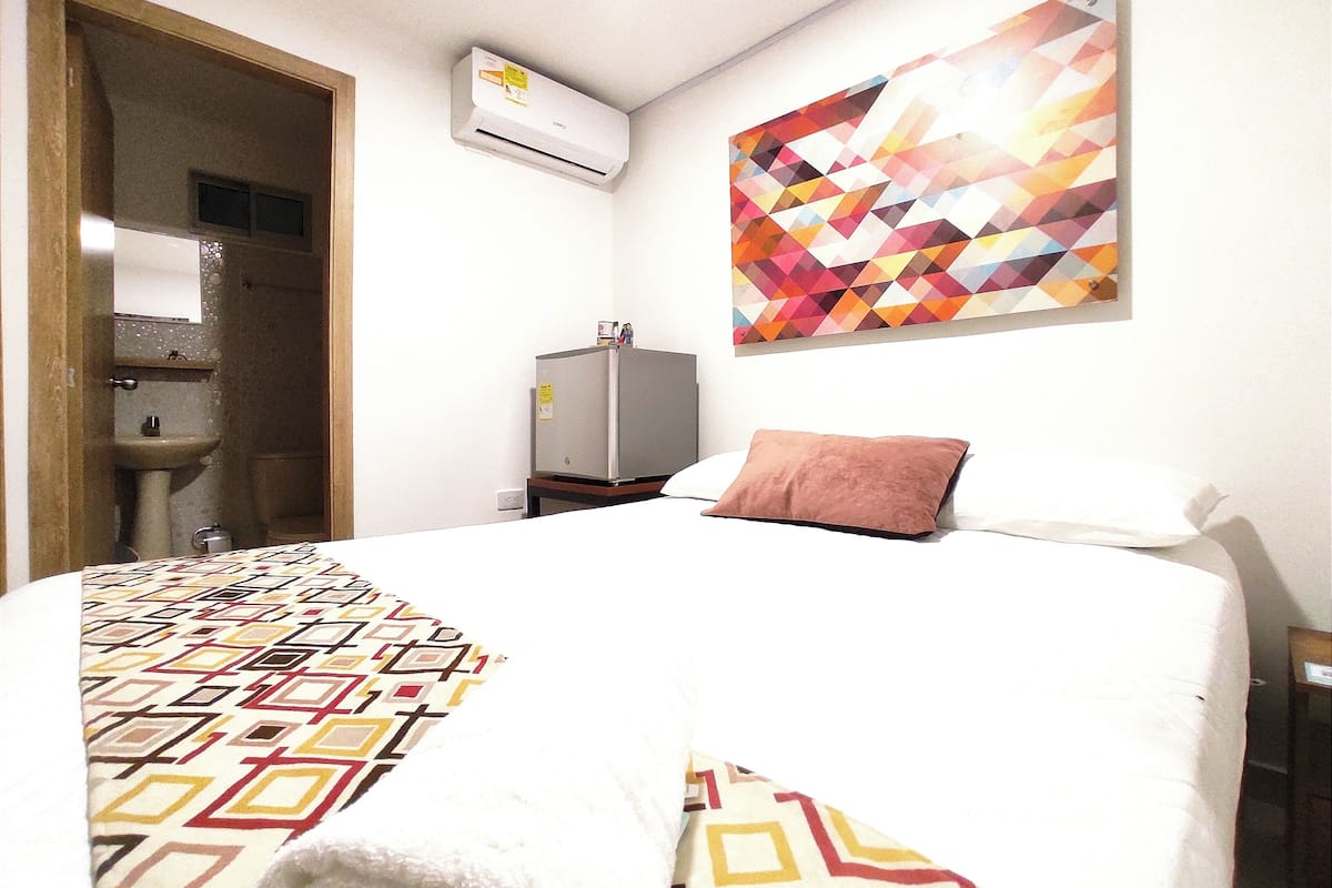 A hotel room with a bed, a sink, a refrigerator, and a wall-mounted air conditioner.