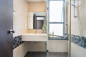 Shower, hair dryer, bidet, towels