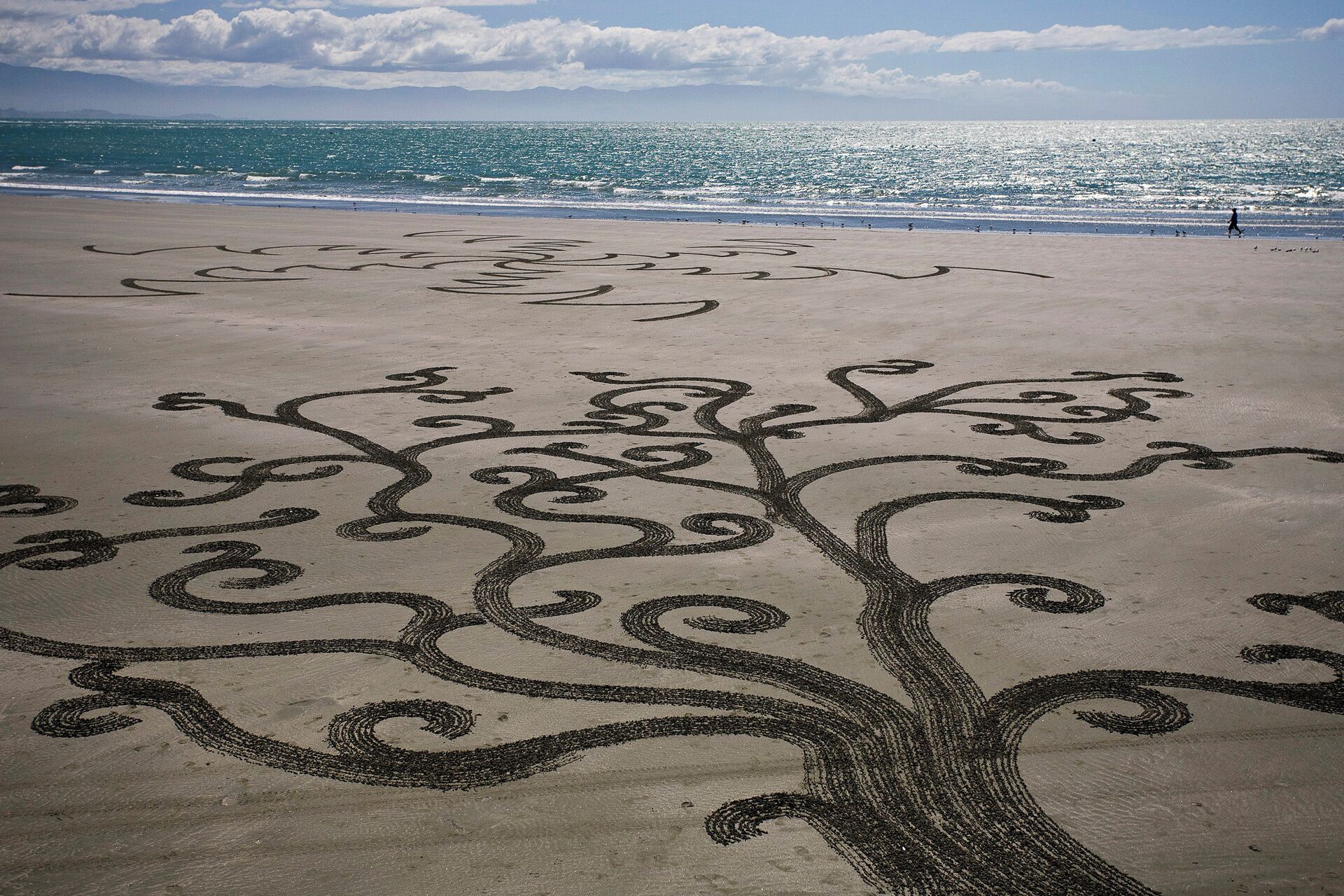 Ein Strand mit einem großen Baum, der ins Sand gemalt ist.