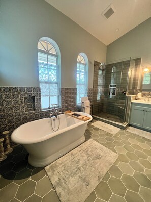 Hair dryer, towels, soap, shampoo