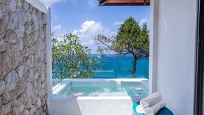 Un muro di pietra, una piscina a sfioro con vetrate e petali di rosa, e vista sull'oceano.