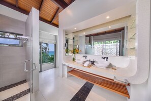 Separate tub and shower, free toiletries, hair dryer, bathrobes