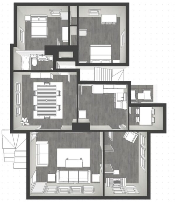 A floor plan of a multi-level apartment with a living room, kitchen, two bedrooms, and a bathroom.