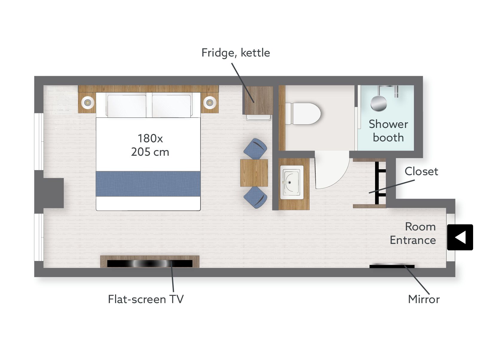 A room layout with a flat-screen TV, a fridge, kettle, a shower booth, a closet, and a room entrance.