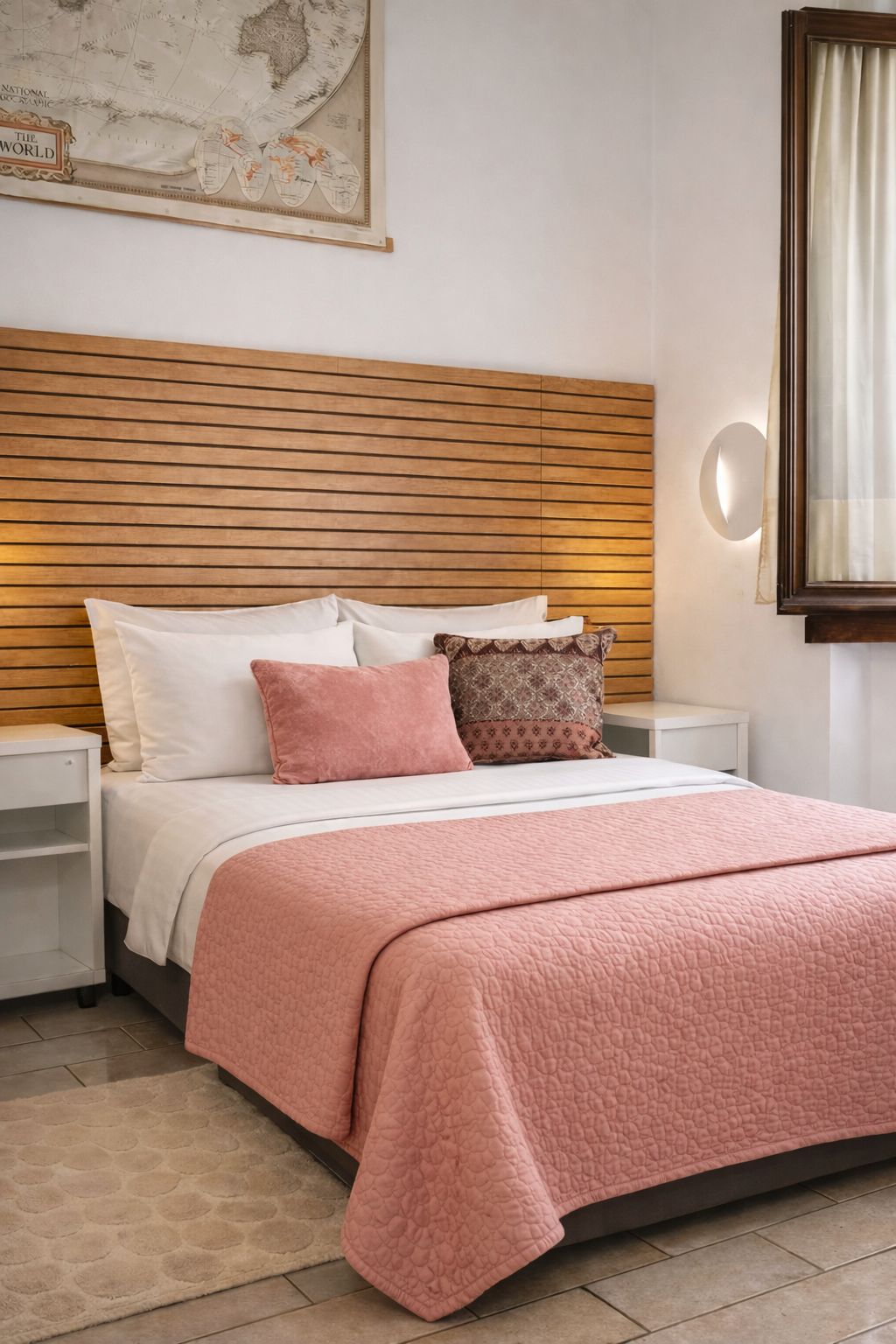 Een slaapkamer met een houten hoofdbord, een bed met een roze sprei, witte en gemêleerde kussens, een nachtkastje en een wandglobe.