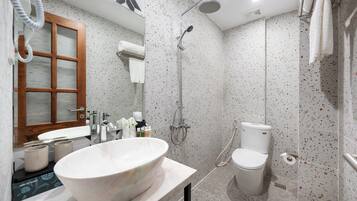 Une salle de bain moderne avec un lavabo sur pied, une douche et des toilettes.