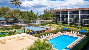 A hotel with a swimming pool, lounge chairs, and a view of the surrounding area including a road and palm trees.