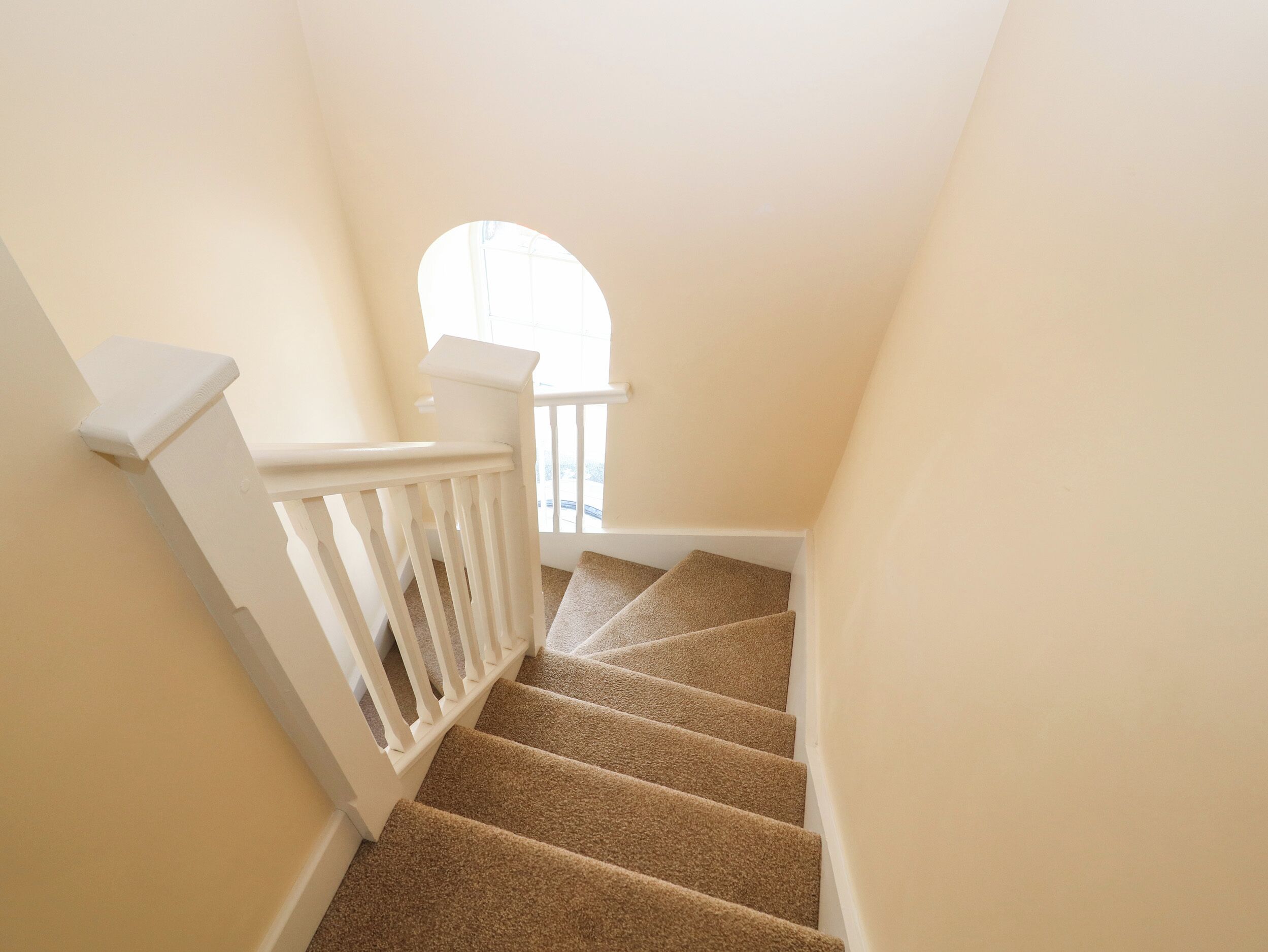 A staircase with beige carpet and white railings leading to a landing.