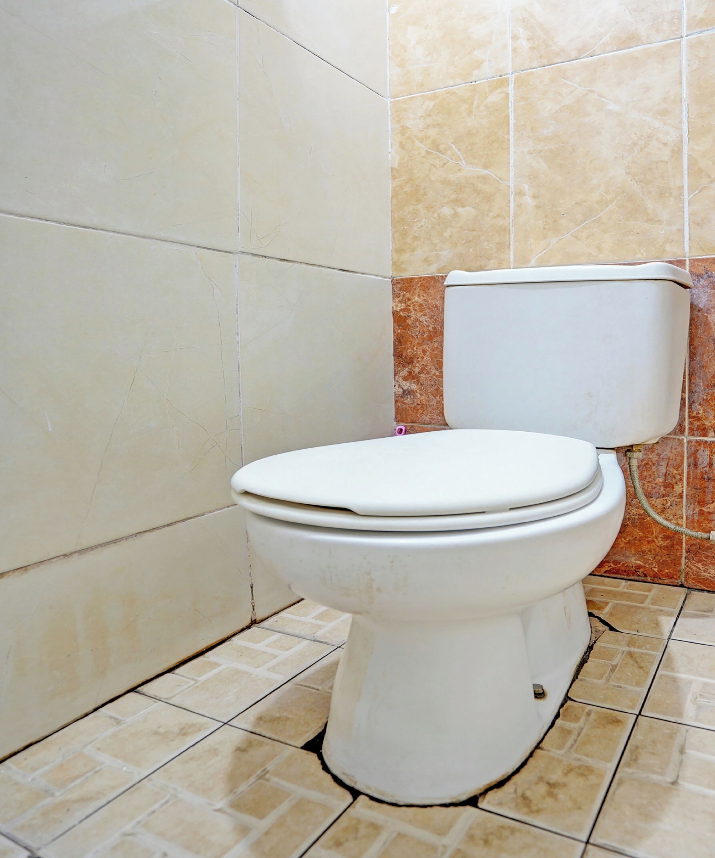 A toilet in a bathroom with beige and brown tiles.
