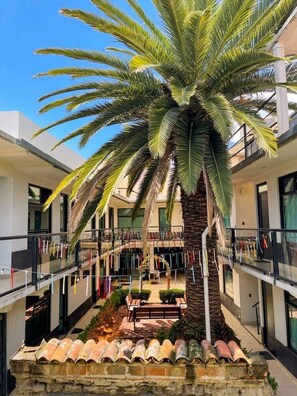 A modern building with a central courtyard, a palm tree, and balconies with clotheslines. - La Palma Co-living (Tecamac)