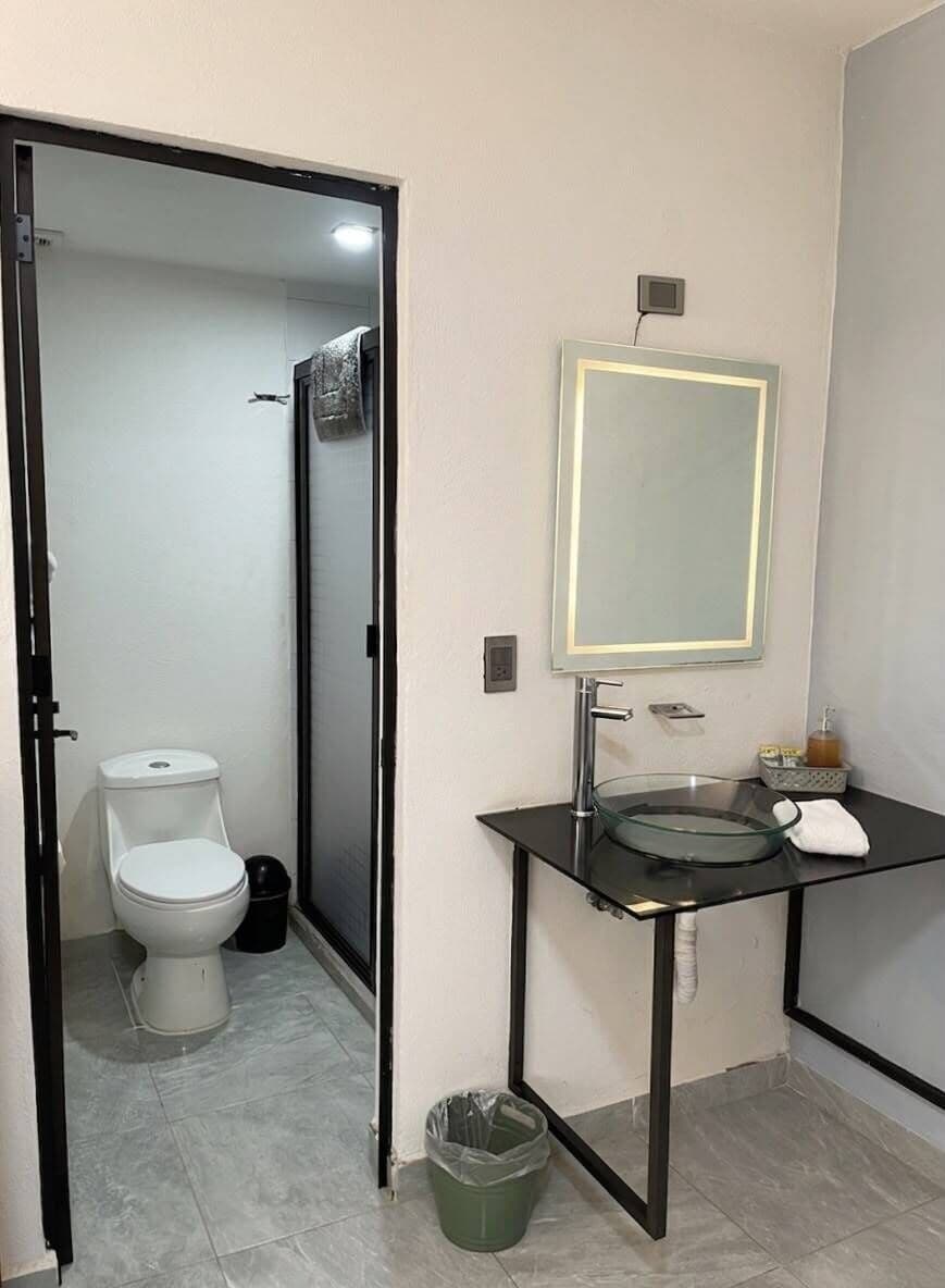 A bathroom with a toilet, a glass sink, a mirror, and a trash bin.