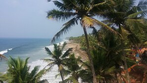 Una playa con palmeras y olas del océano.