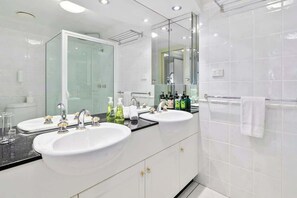 Combined shower/tub, hair dryer, shampoo