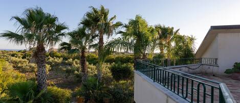 A balcony with a railing overlooking a garden with palm trees and various plants.