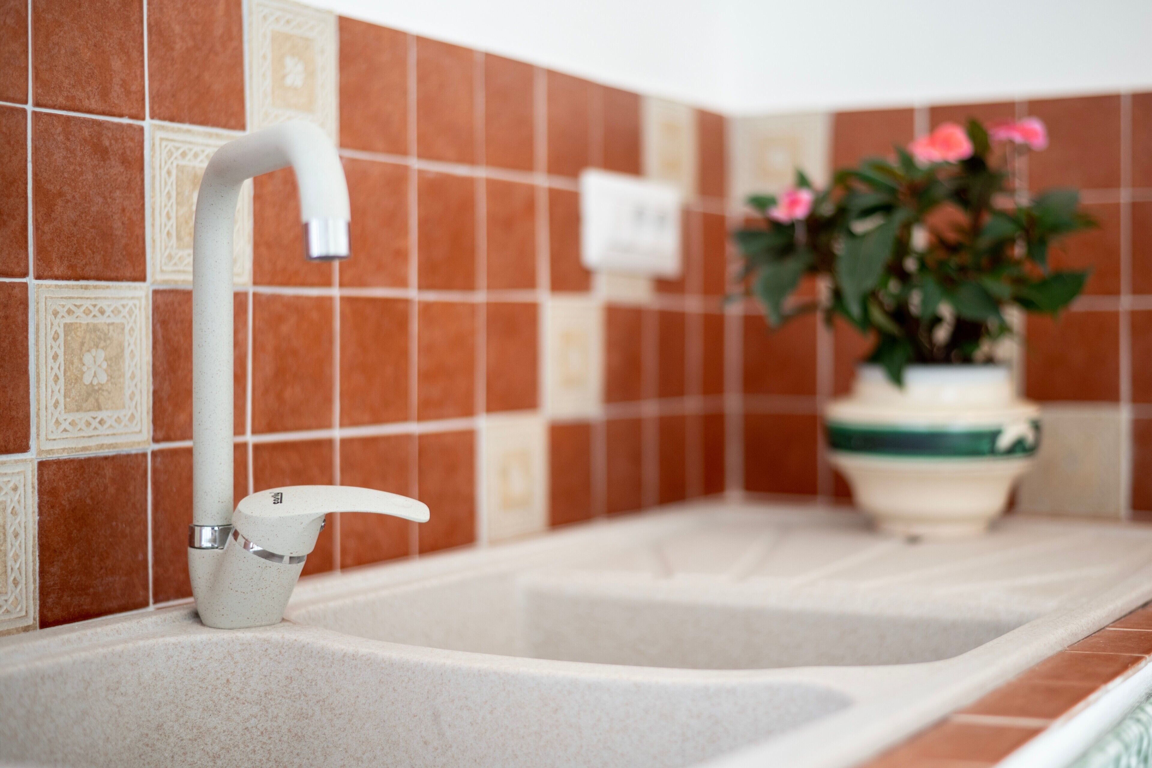 A kitchen sink with a modern faucet, a potted plant, and a tiled backsplash.