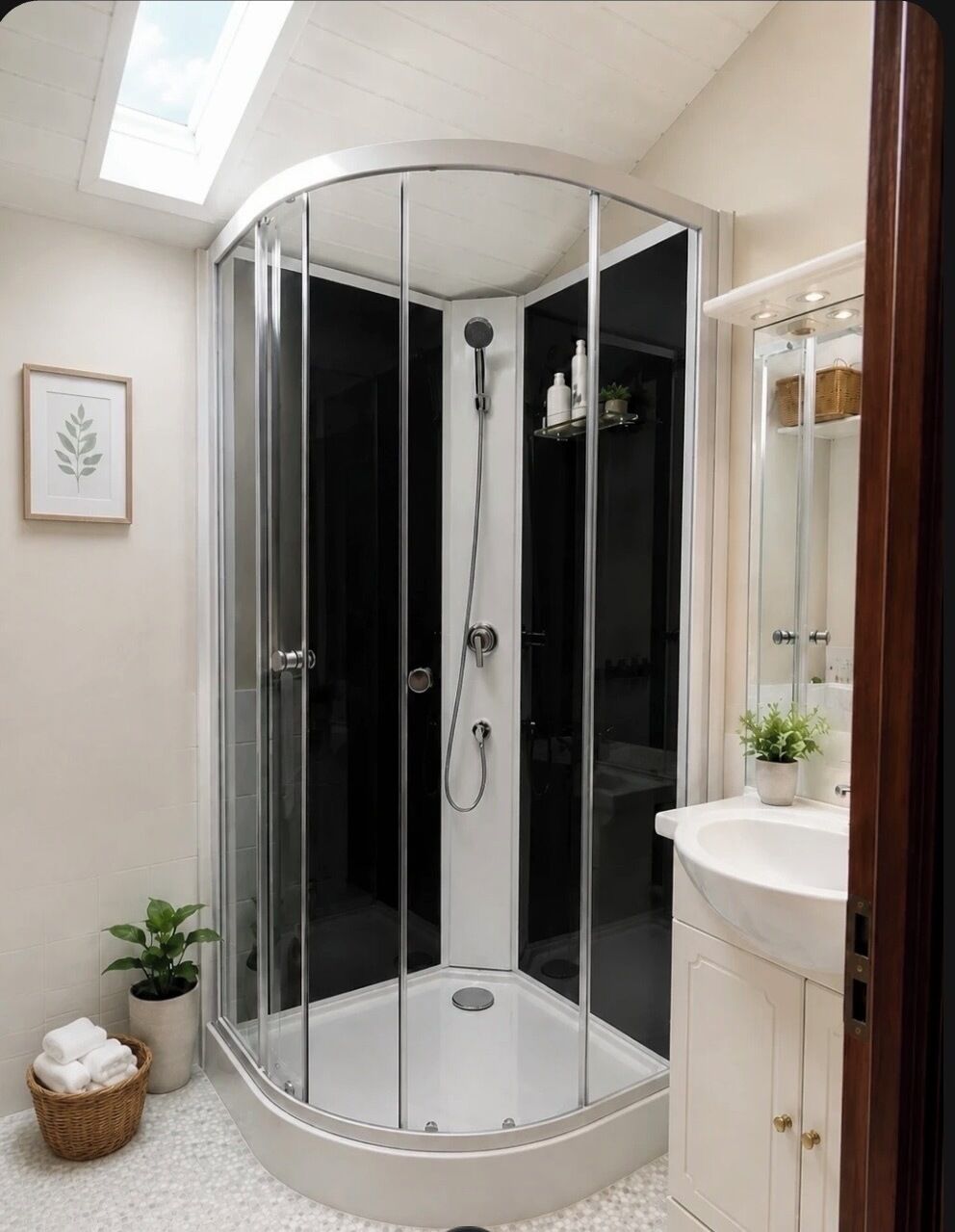 Shower, hair dryer, towels, toilet paper