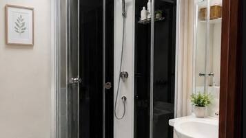 Shower, hair dryer, towels, toilet paper