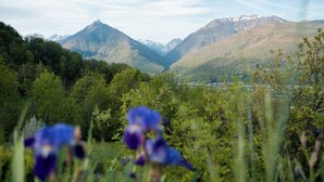 A mountainous landscape with a valley and a town in the distance. - Lodge du Hautacam (Ayros-Arbouix)