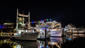 A cruise ship docked at a marina with several boats moored nearby.