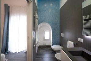 Shower, hair dryer, bidet, towels