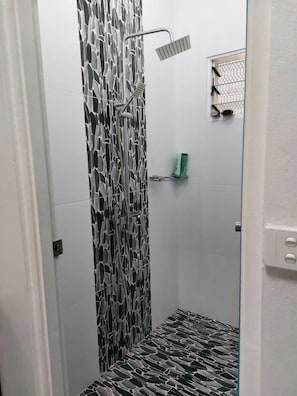 Shower, hair dryer, towels, soap