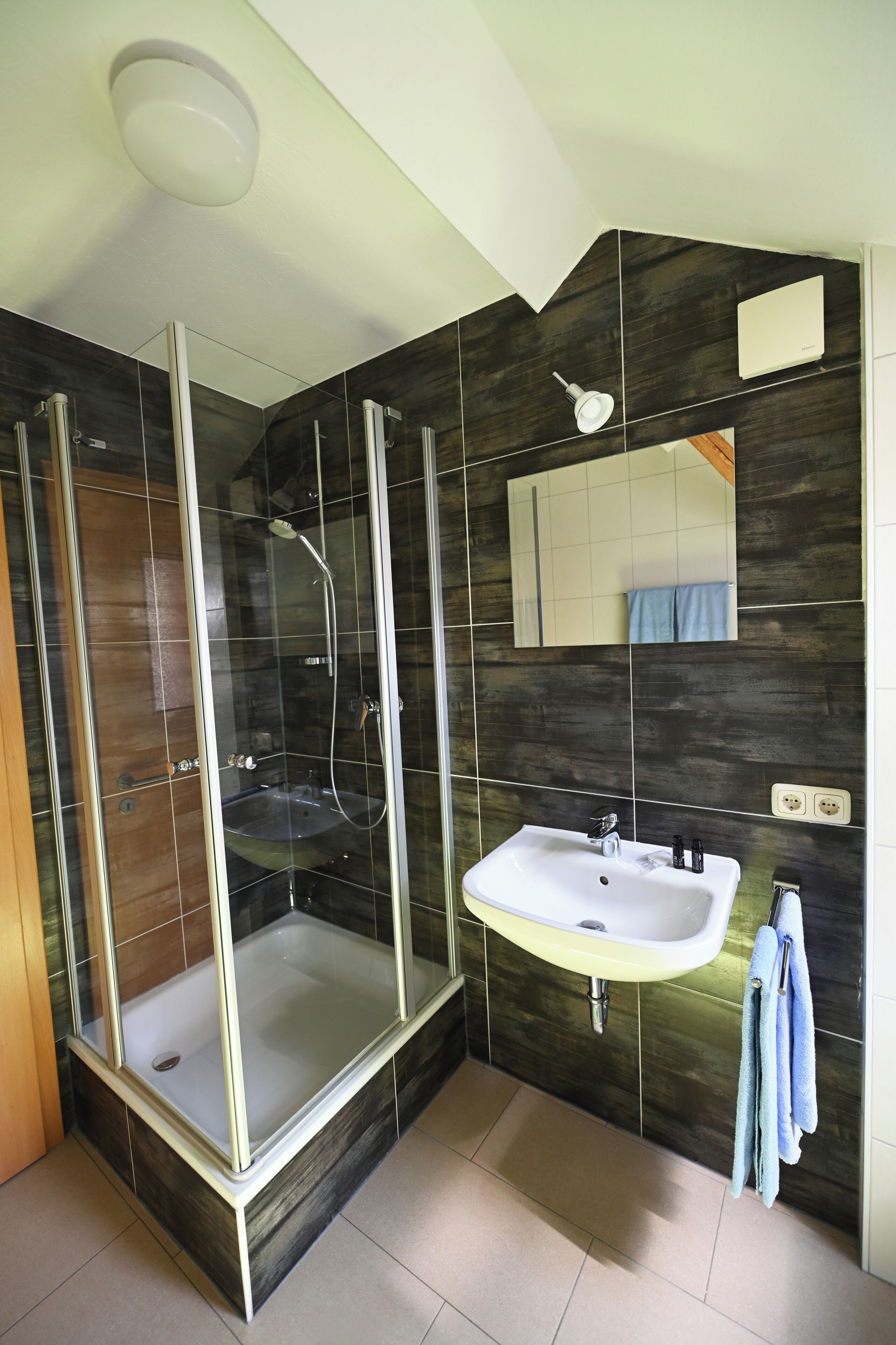 Un baño moderno con ducha de vidrio, lavamanos y espejo.