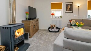A living room with a wood-burning stove, a television on a wooden cabinet, a grey sofa, and a small table with a vase of flowers. - Muddy Boots – Scarpa. (Kirkby Stephen)