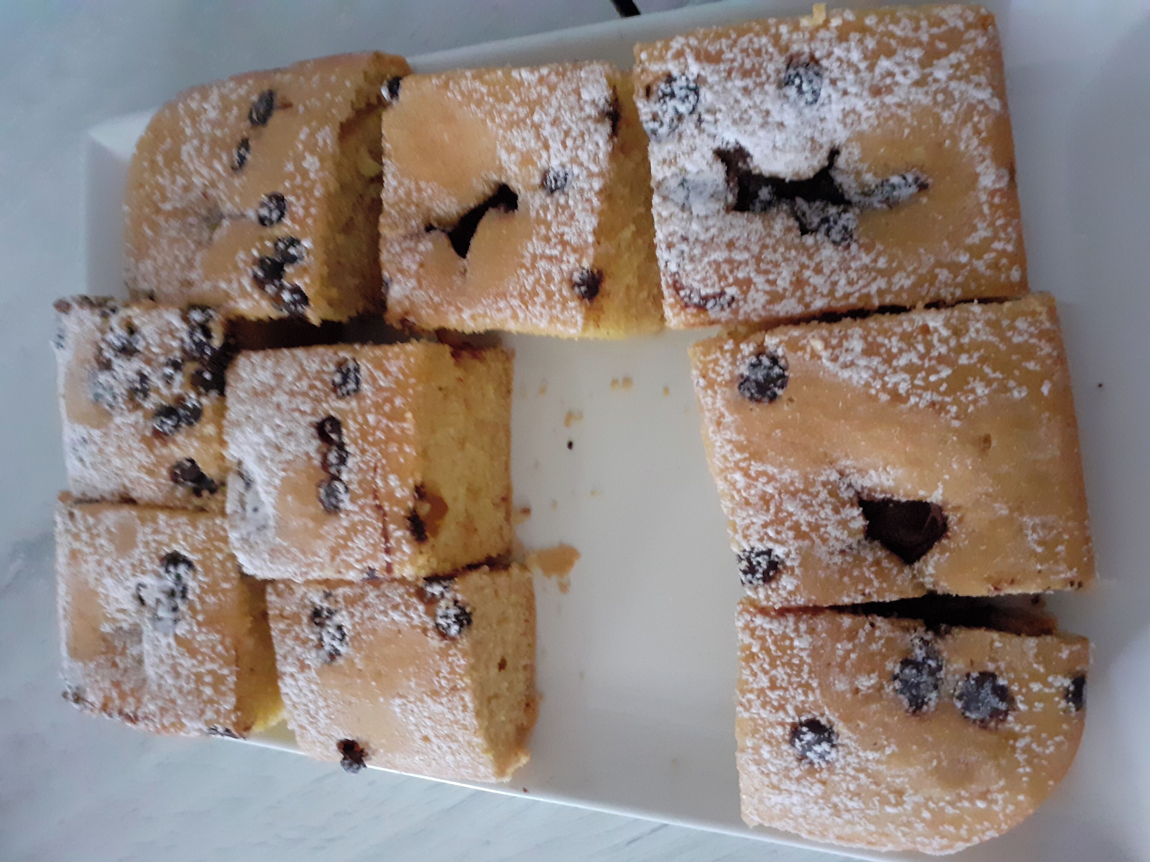 A white rectangular plate with several square pieces of cake, each dusted with powdered sugar and containing dark spots, likely blueberries.