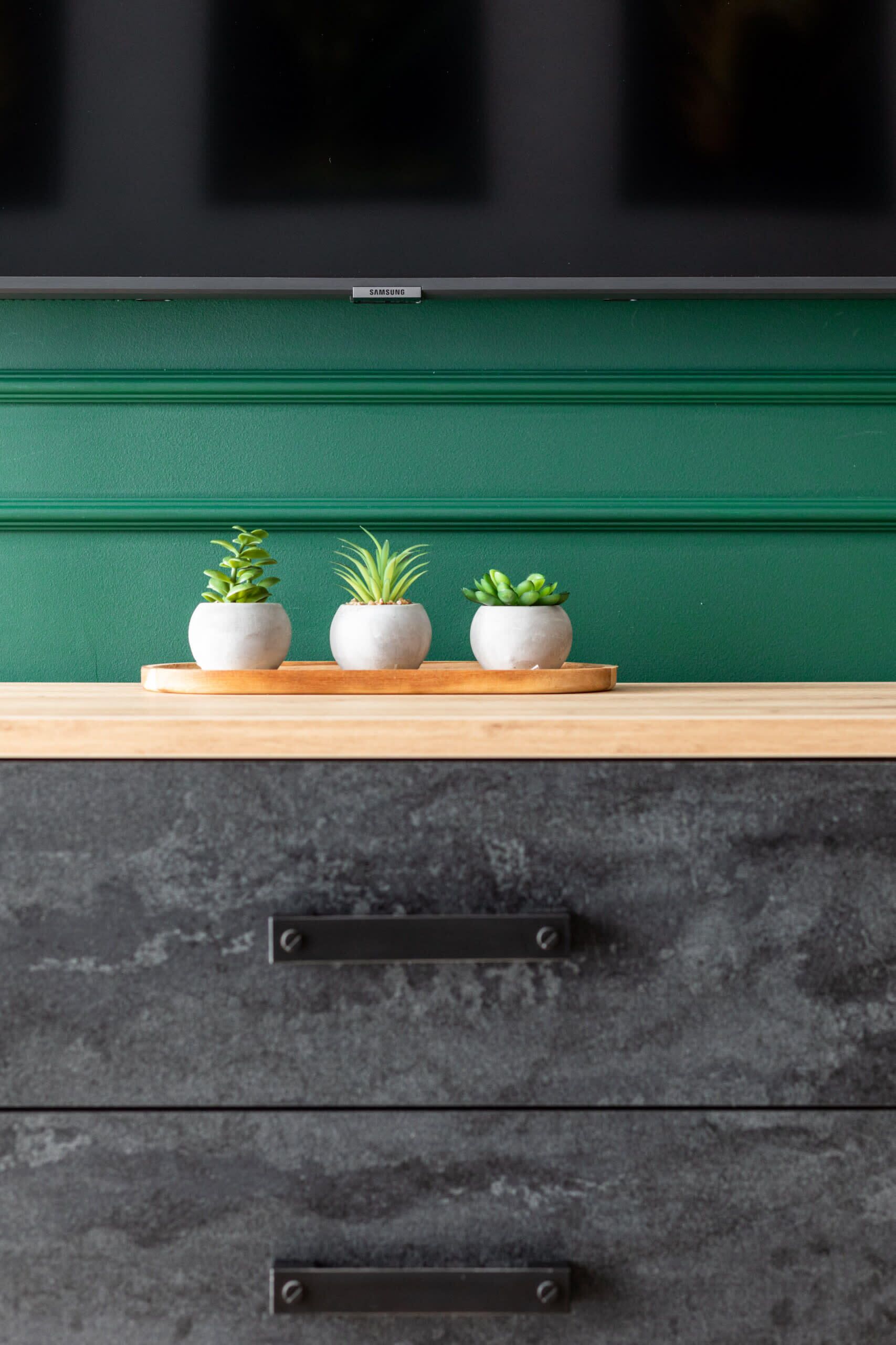 A kitchen counter with three potted plants, a green wall, and a Samsung refrigerator.