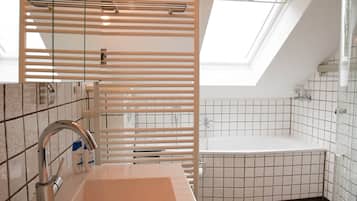 Hair dryer, towels, soap, shampoo