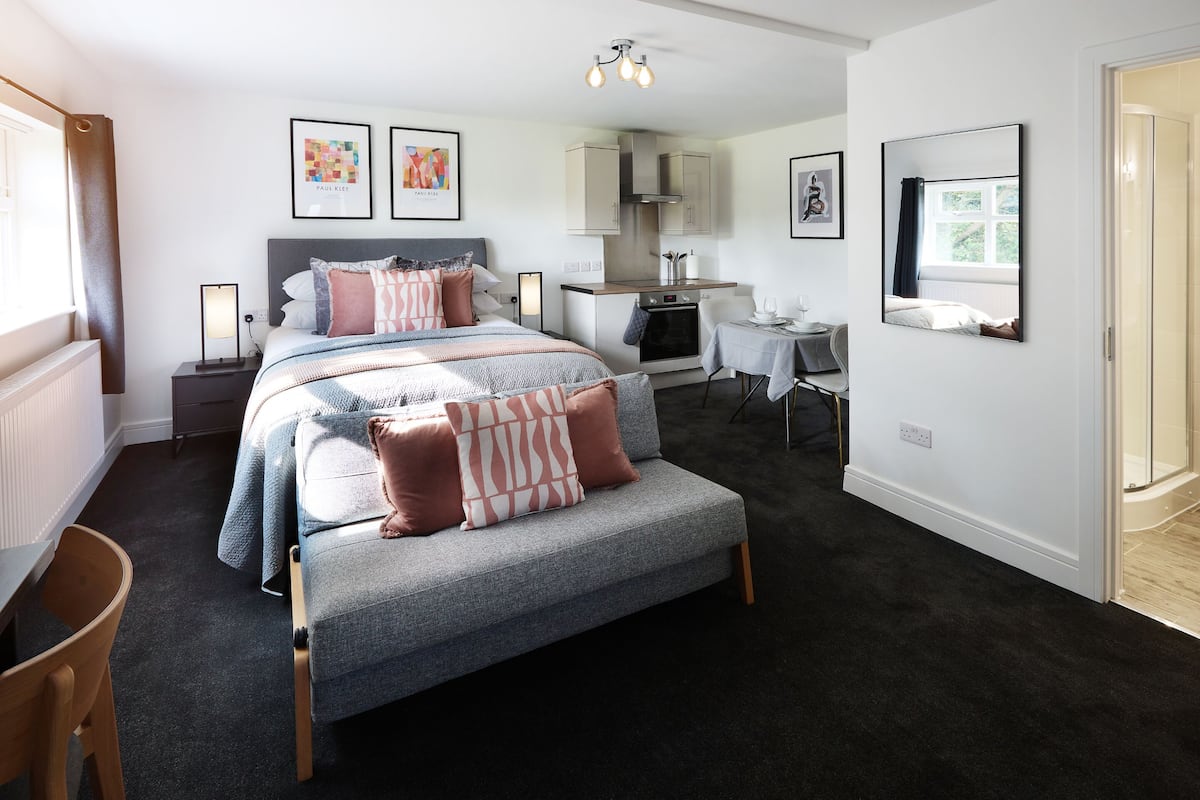 A modern bedroom with a large bed, bedside tables, a desk, a small kitchenette, and artwork on the walls.