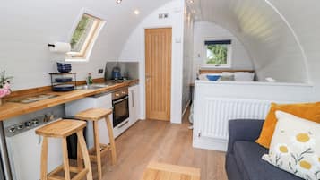 Fridge, electric kettle, cookware/dishes/utensils
