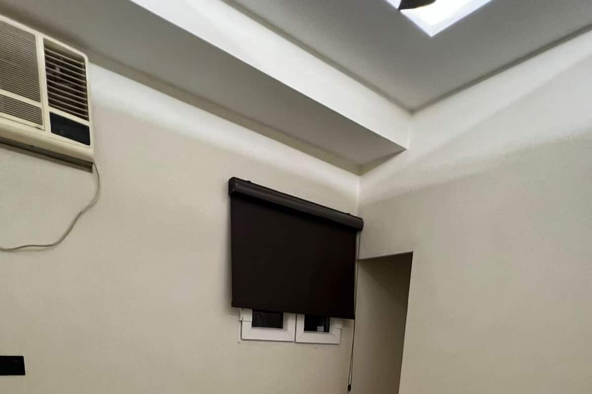 A small, modern bedroom with a single bed, a ceiling fan, and a skylight.