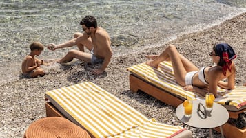 Sun loungers, beach umbrellas, beach towels