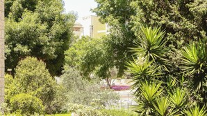 Un jardin avec différentes plantes et arbres, un sentier et un bâtiment en arrière-plan.