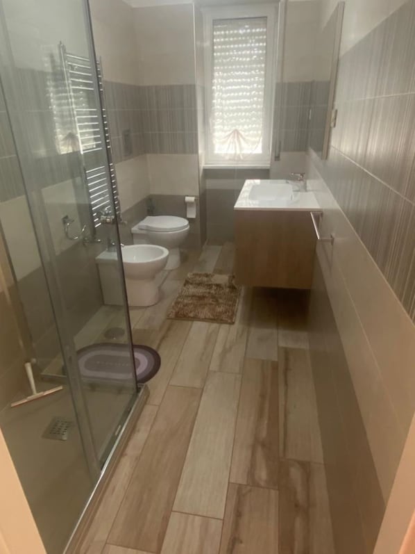 Regadera, secadora de cabello, bidet, toallas