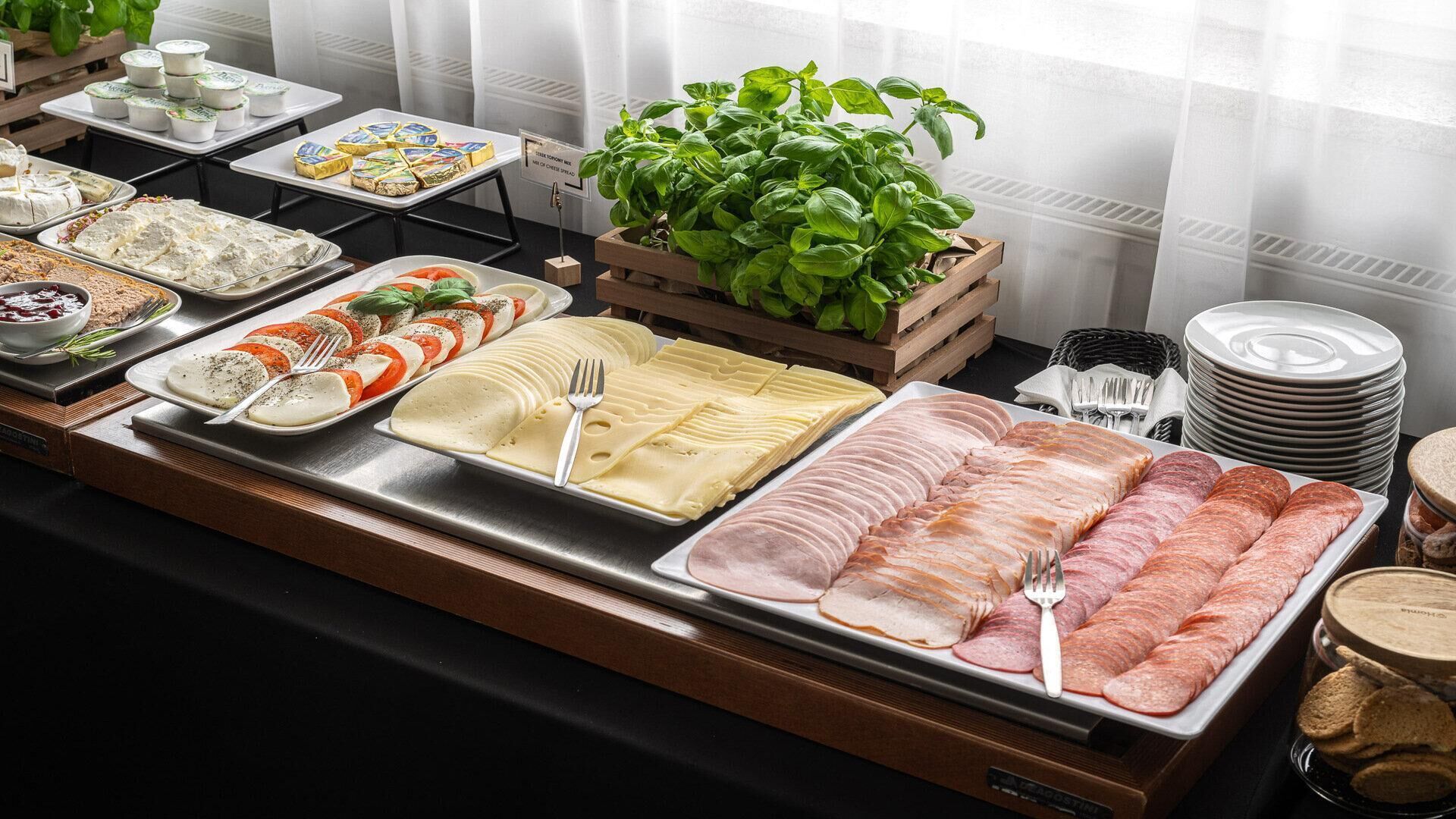 A buffet with various cheeses, cured meats, and a basil plant.