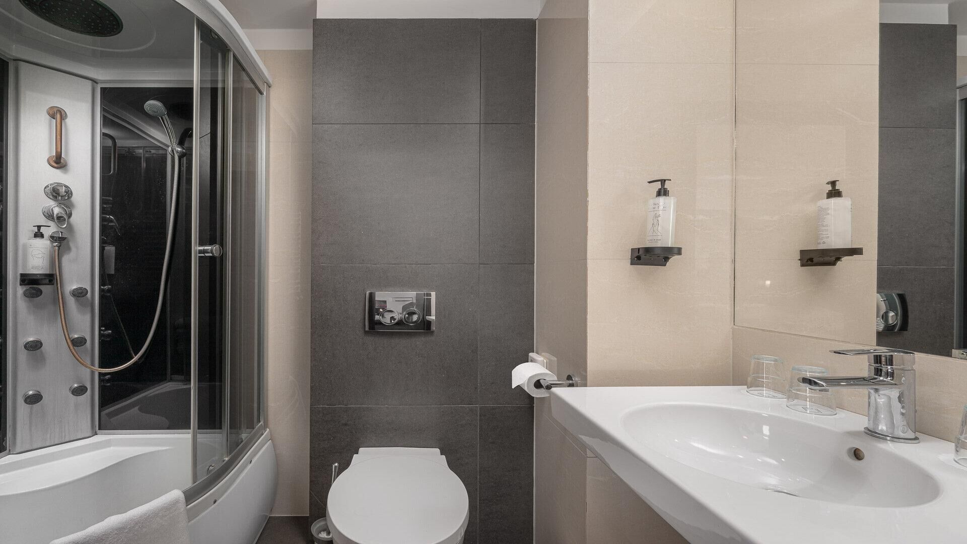 A modern bathroom with a glass-enclosed shower, a toilet, and a sink with a mirror.