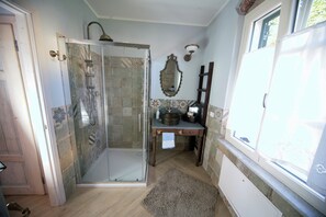 Shower, hair dryer, bidet, towels