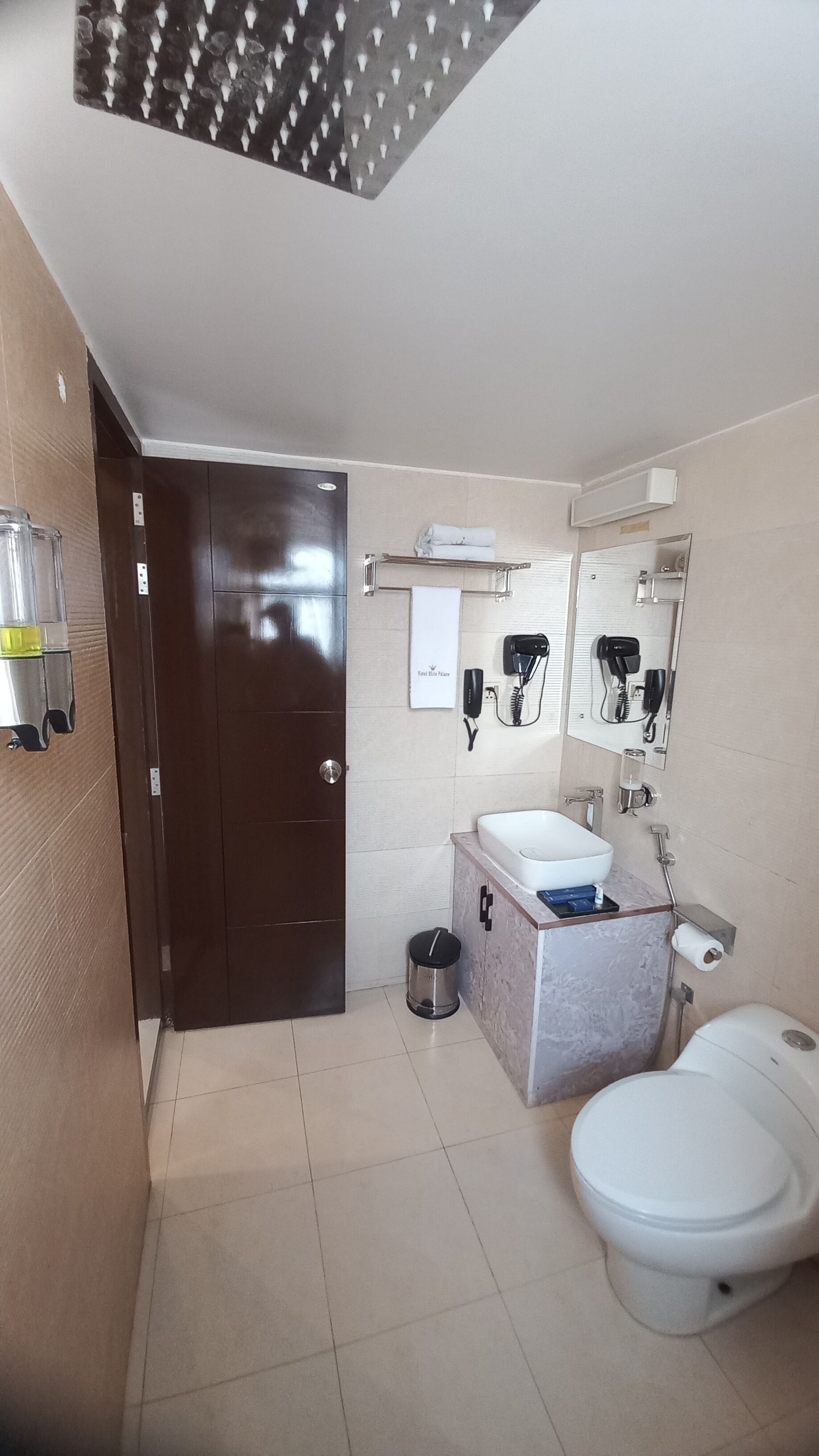 A modern bathroom with a dark wooden door, a white sink, a mirror, and a toilet.
