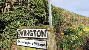 Segnaletica per 'OVINGTON The Maypole Village', con base in pietra e un piccolo vaso con piante.
