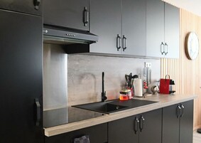 Deluxe Apartment | Private kitchen | Full-size fridge, microwave, stovetop, dishwasher