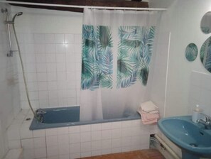 Combined shower/bathtub, hair dryer, soap, toilet paper