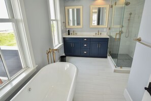 Combined shower/tub, hair dryer, towels - Bayfront Home Featuring Private Beach Access in Bay Creek! (Cape Charles)