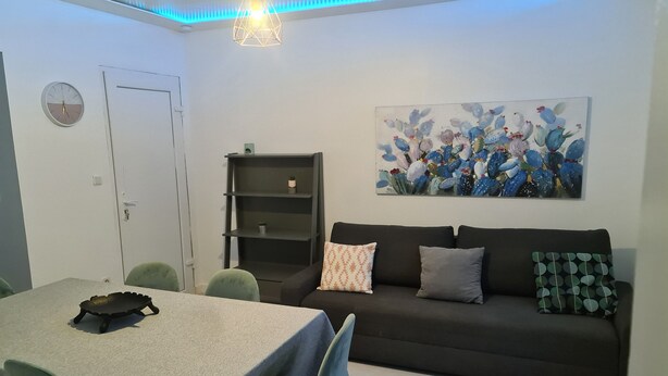 Un salon comprenant une table à manger, un canapé, une bibliothèque et un tableau représentant un cactus.