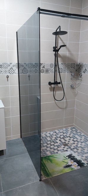 Hair dryer, towels, soap, toilet paper