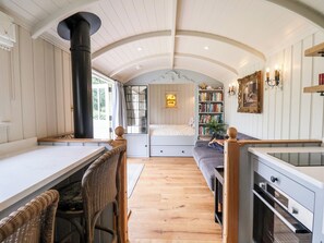 Fridge, electric kettle, cookware/dishes/utensils