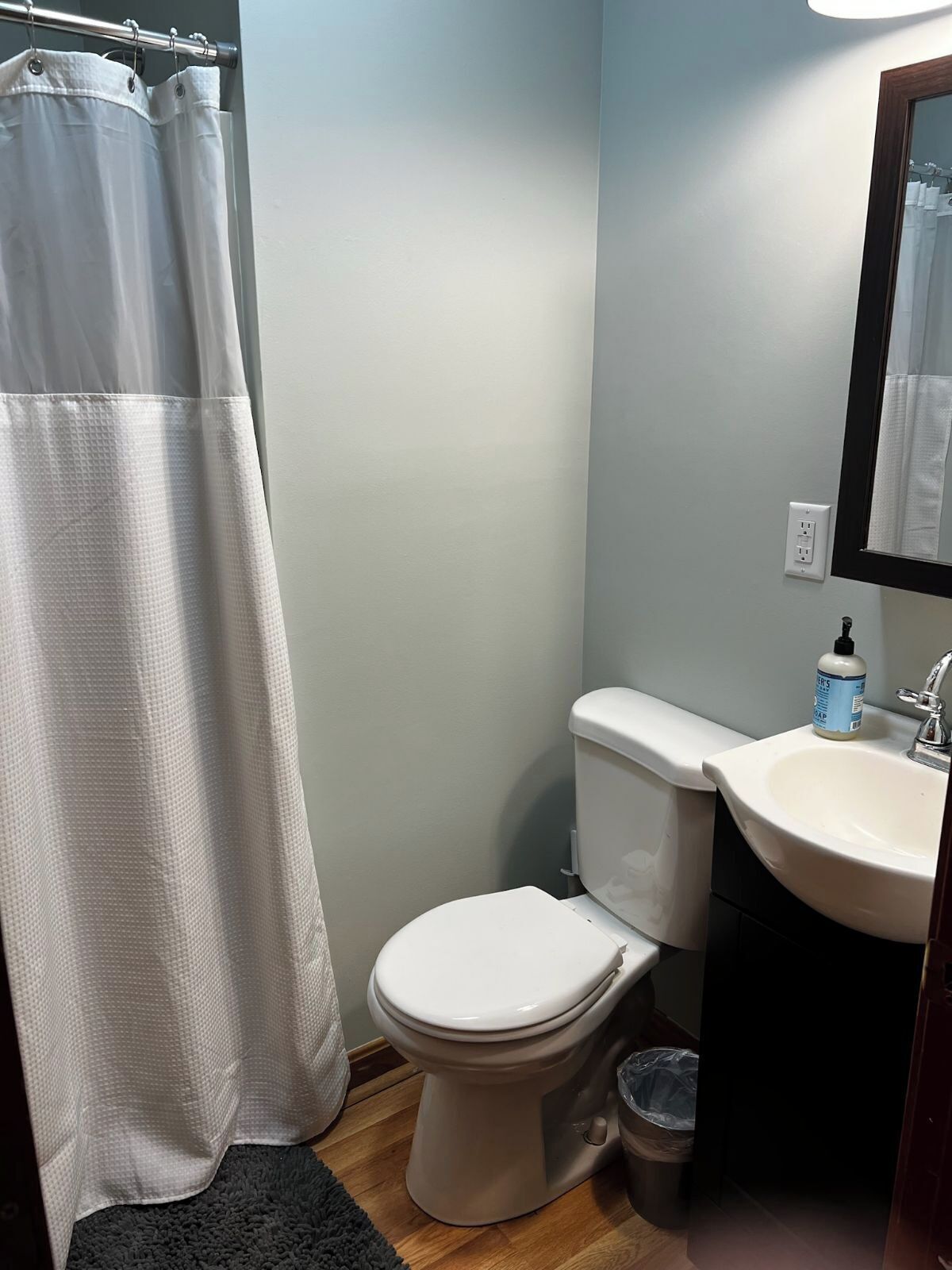 A bathroom with a toilet, sink, and shower curtain.